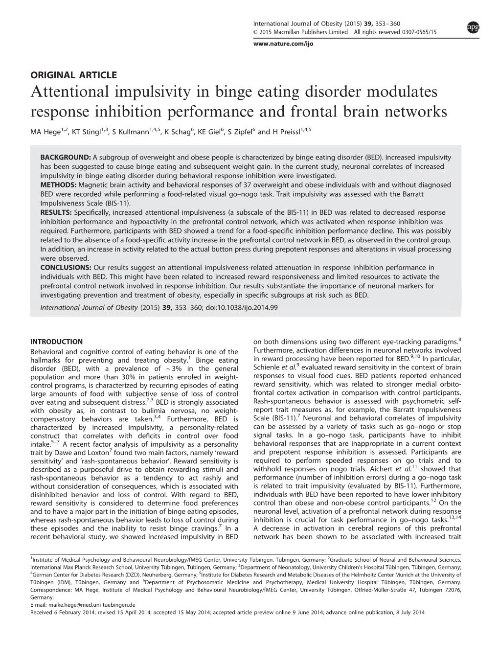 Attentional Impulsivity in Binge Eating Disorder Modulates Response Inhibition Performance and Frontal Brain Networks