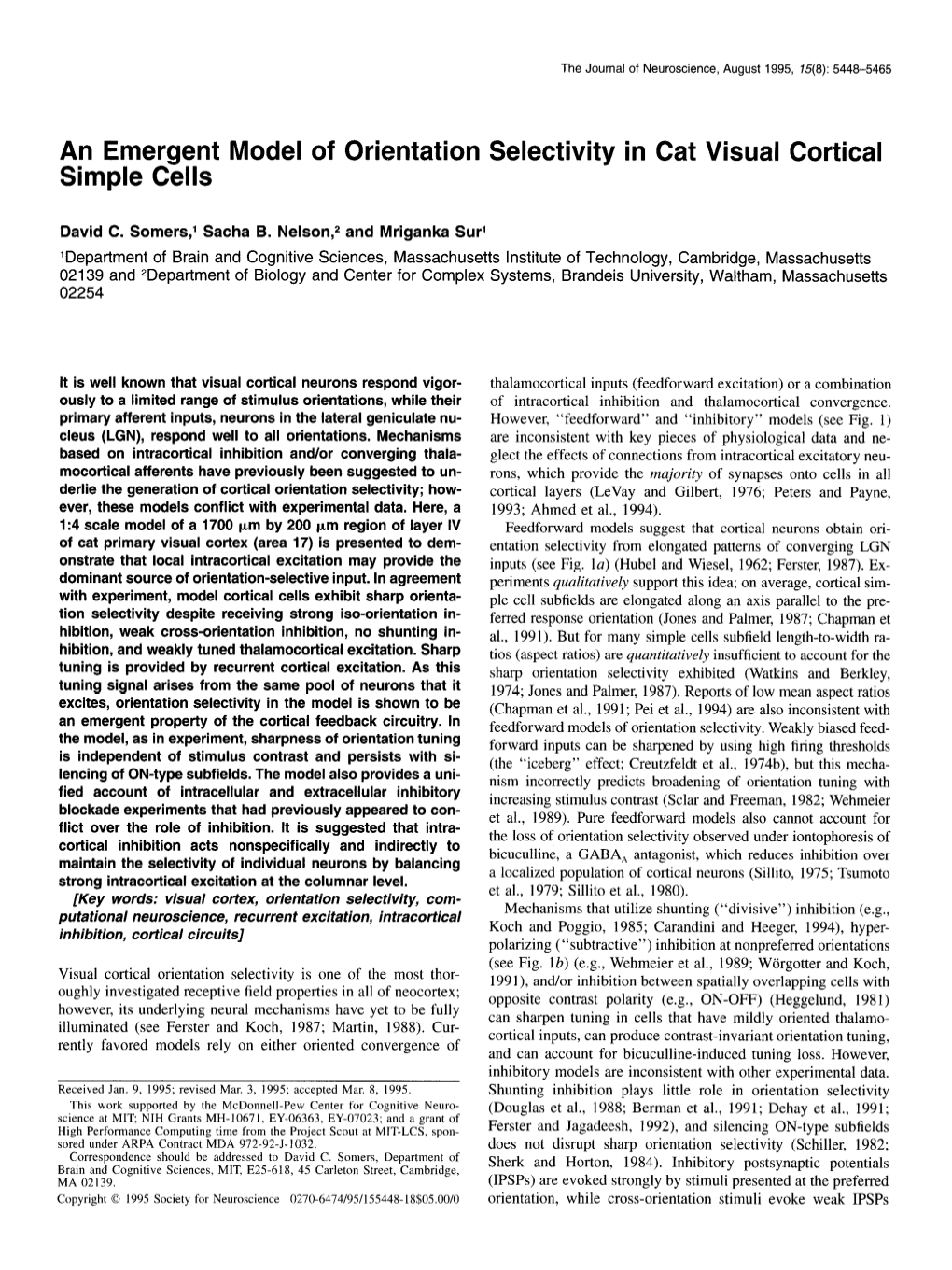 An Emergent Model of Orientation Selectivity in Cat Visual Cortical Simple Cells