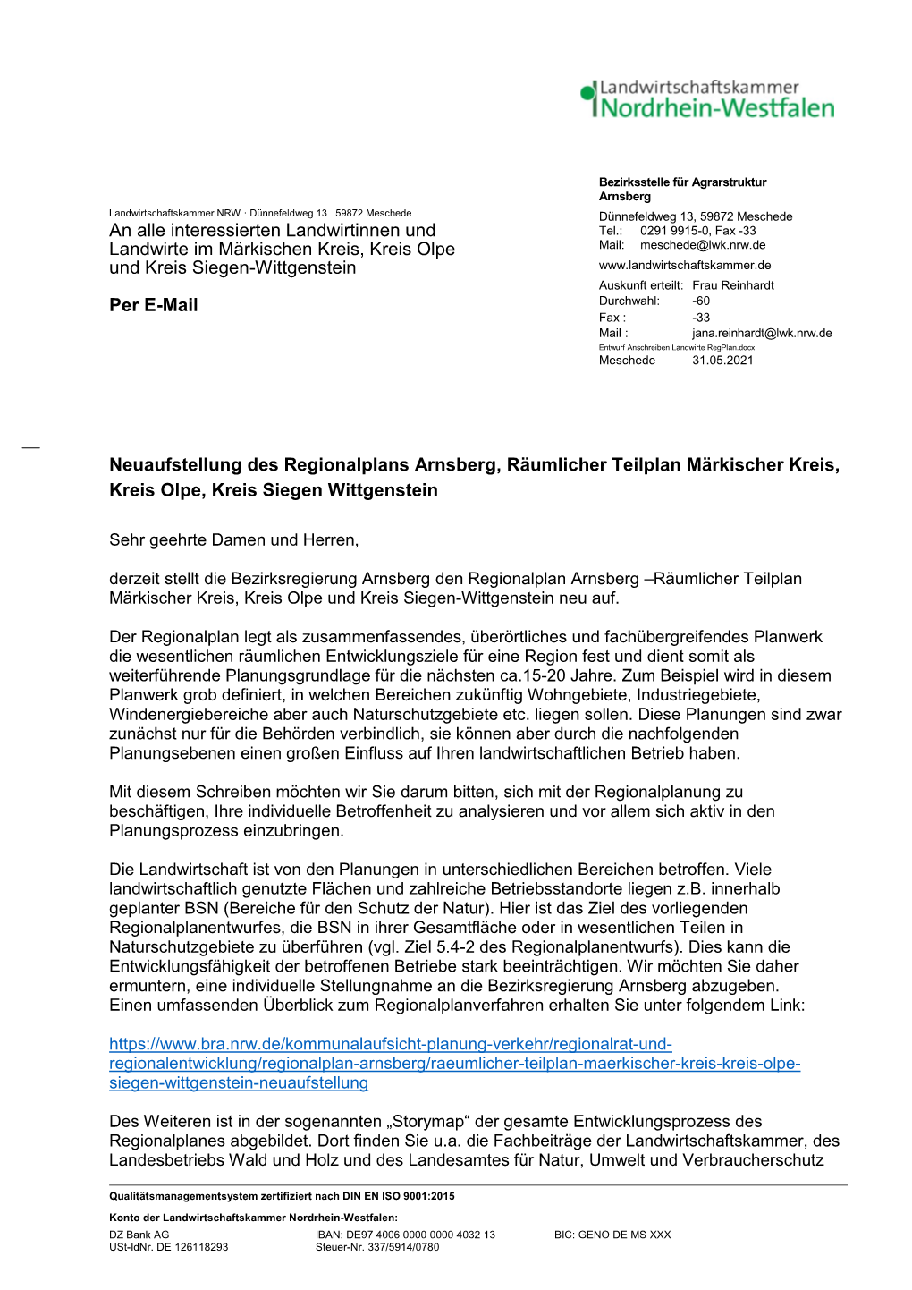 Regionalplan Brief Landwirtschaftskammer