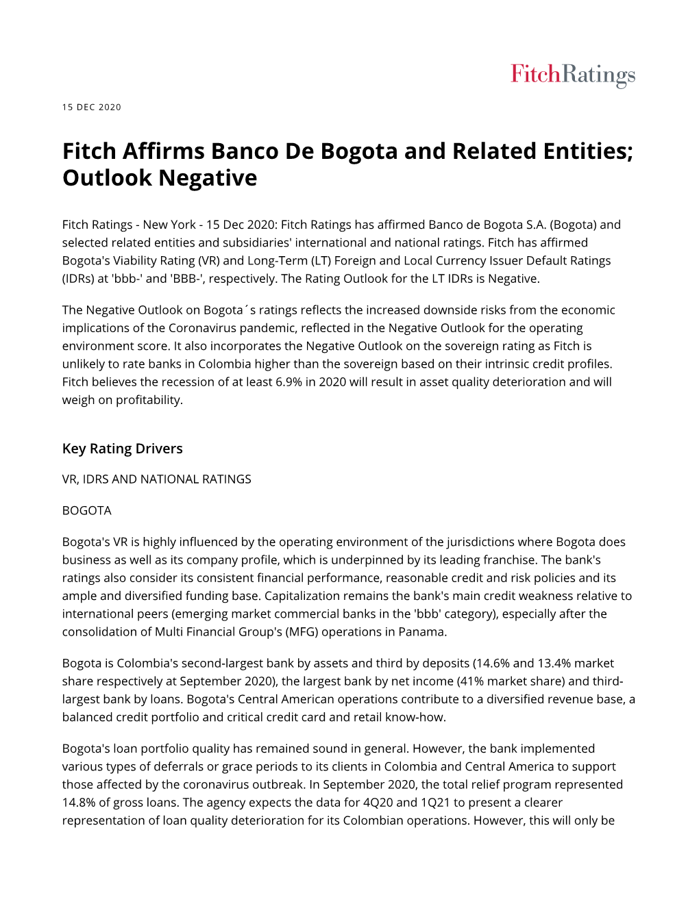 Fitch Affirms Banco De Bogota and Related Entities; Outlook Negative