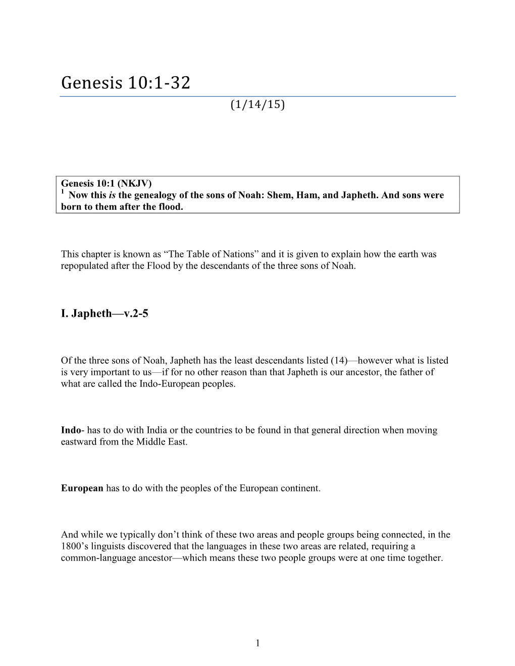 Genesis 10:1-32 (1/14/15)