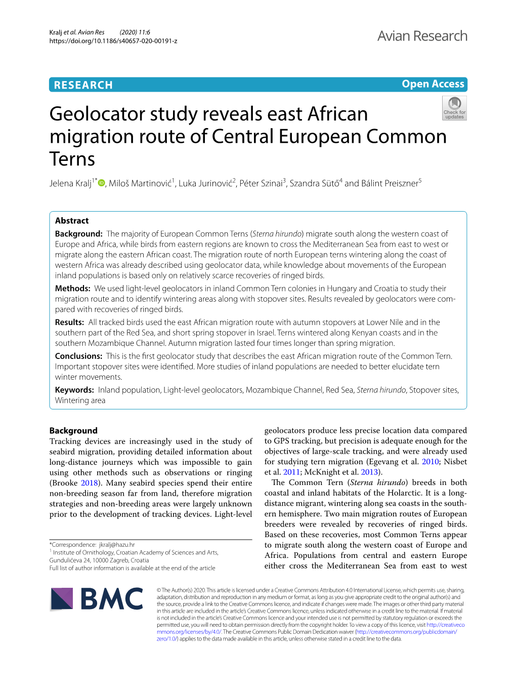 Geolocator Study Reveals East African Migration Route of Central European Common Terns