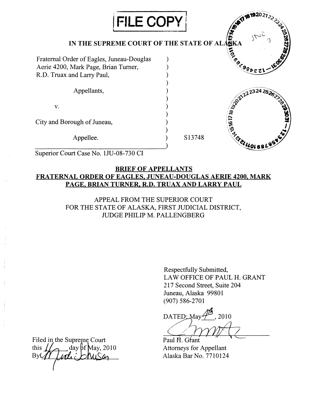 Fraternal Order of Eagles V. Juneau, Case No. S-13748, Appellants' Brief