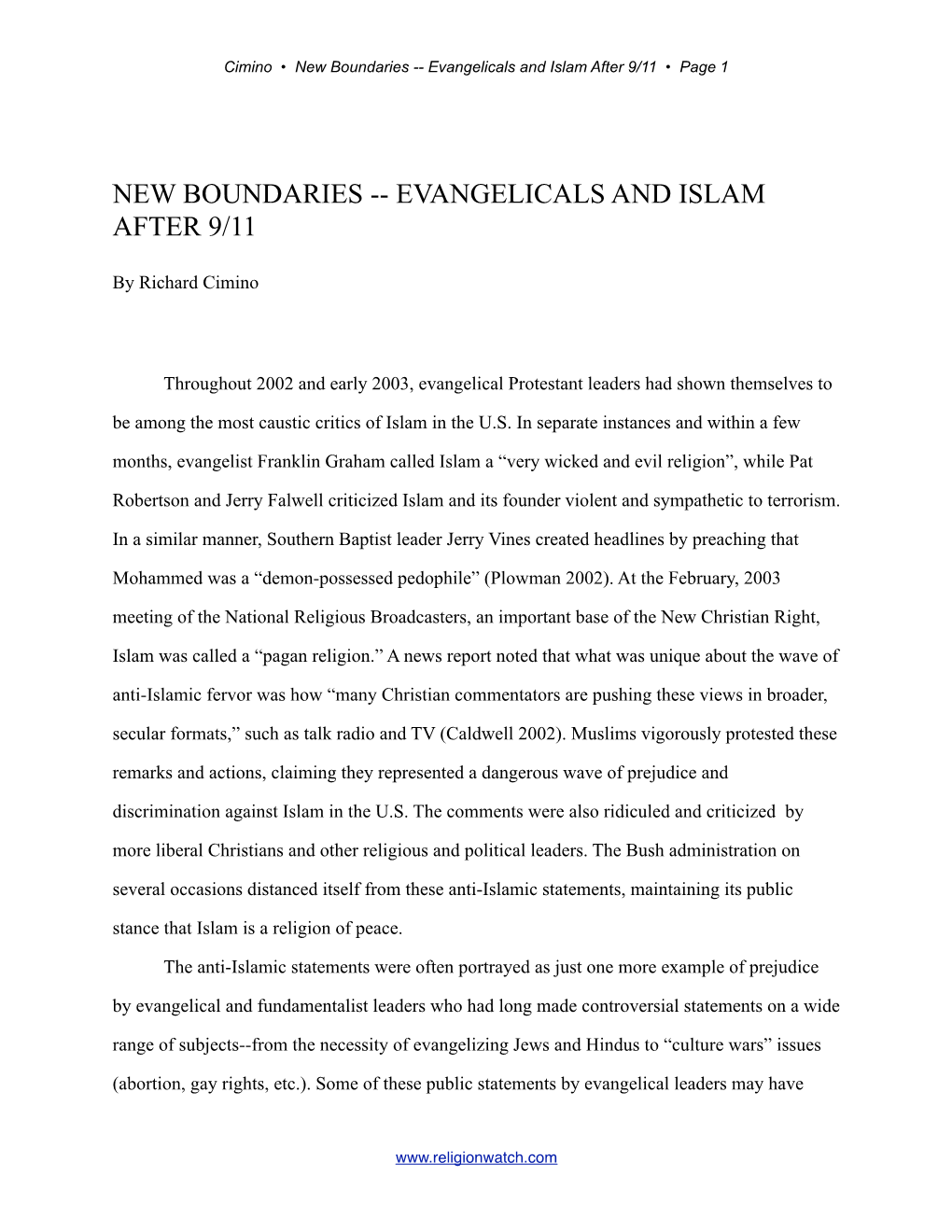 Evangelicals and Islam After 9/11 ¥ Page 1