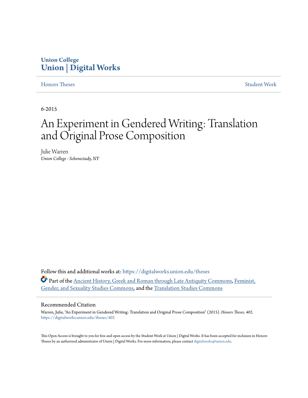 Translation and Original Prose Composition Julie Warren Union College - Schenectady, NY