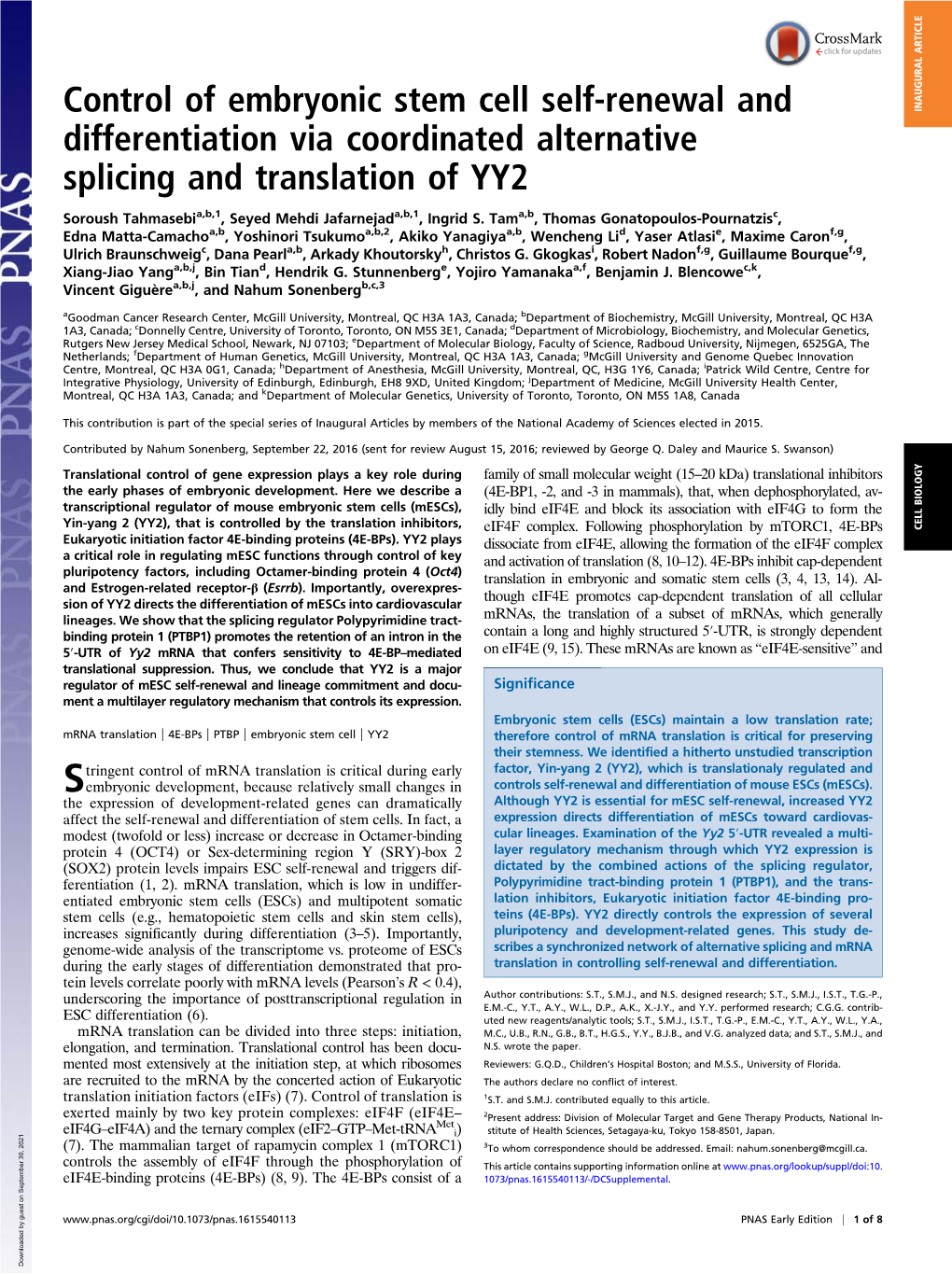 Control of Embryonic Stem Cell Self-Renewal and Differentiation Via