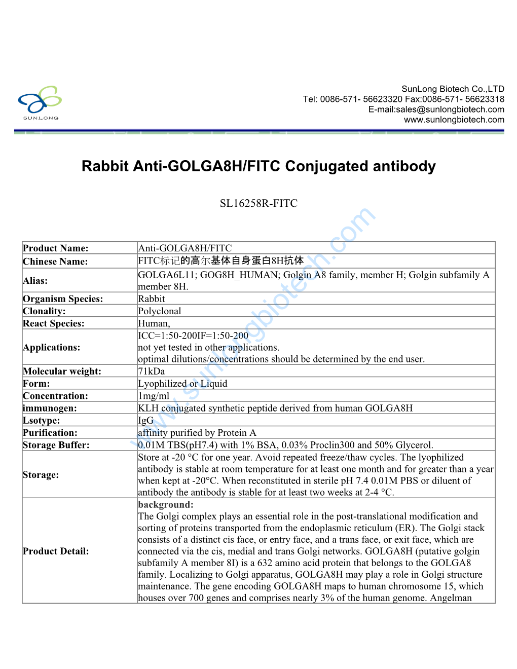 Rabbit Anti-GOLGA8H/FITC Conjugated Antibody-SL16258R