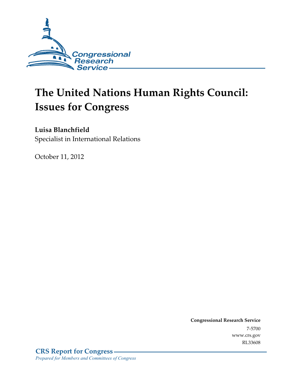 The United Nations Human Rights Council: Issues for Congress