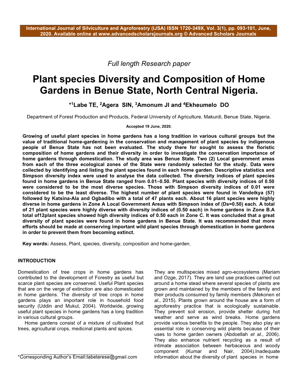 Plant Species Diversity and Composition of Home Gardens in Benue State, North Central Nigeria