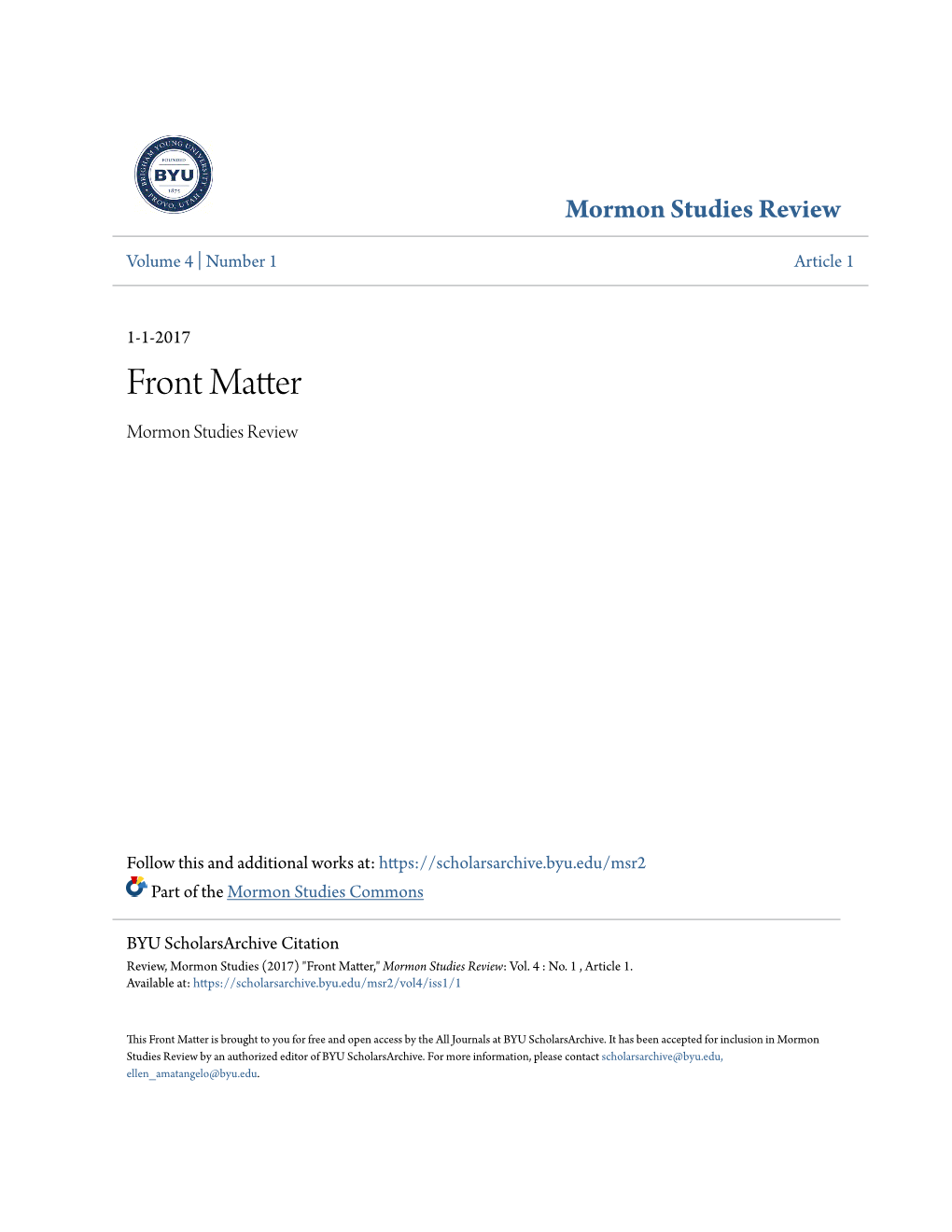 Front Matter Mormon Studies Review