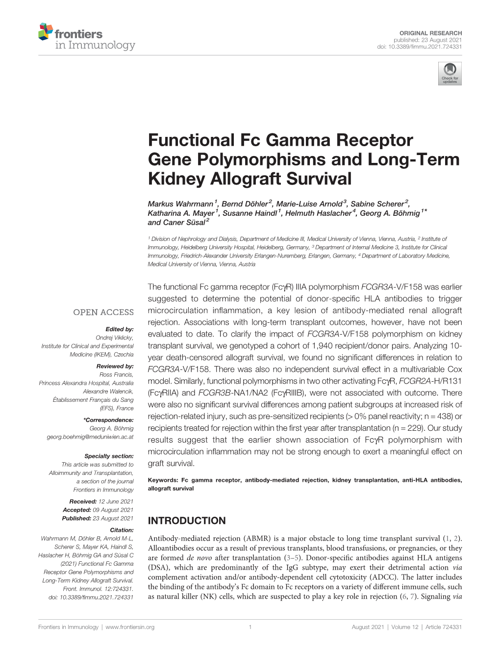 Functional Fc Gamma Receptor Gene Polymorphisms and Long-Term Kidney Allograft Survival