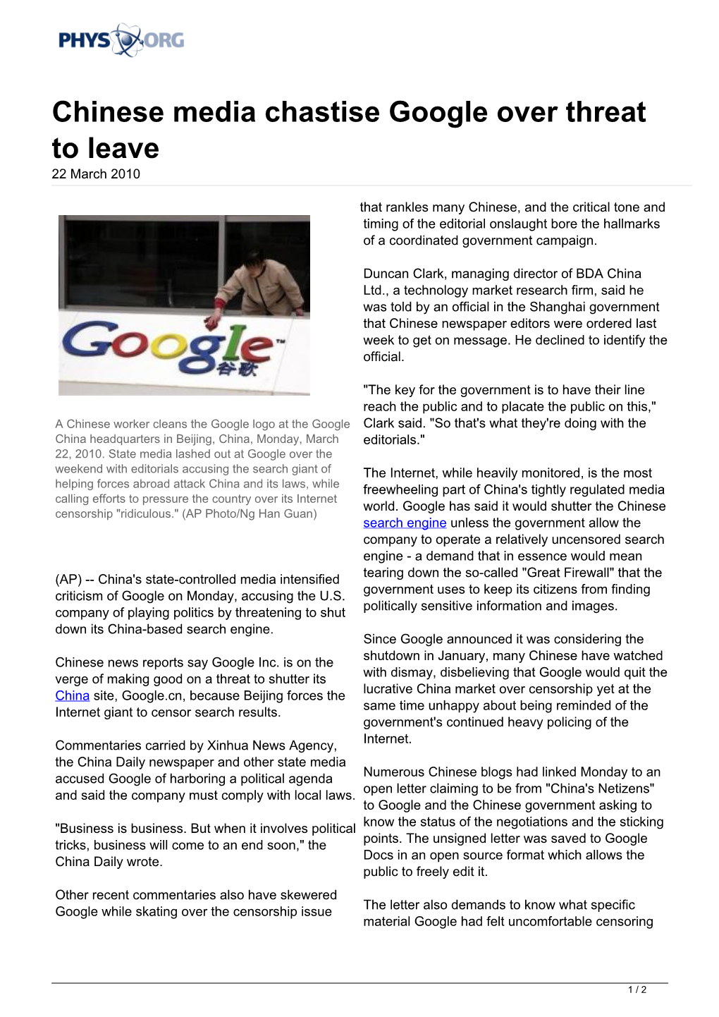 Chinese Media Chastise Google Over Threat to Leave 22 March 2010
