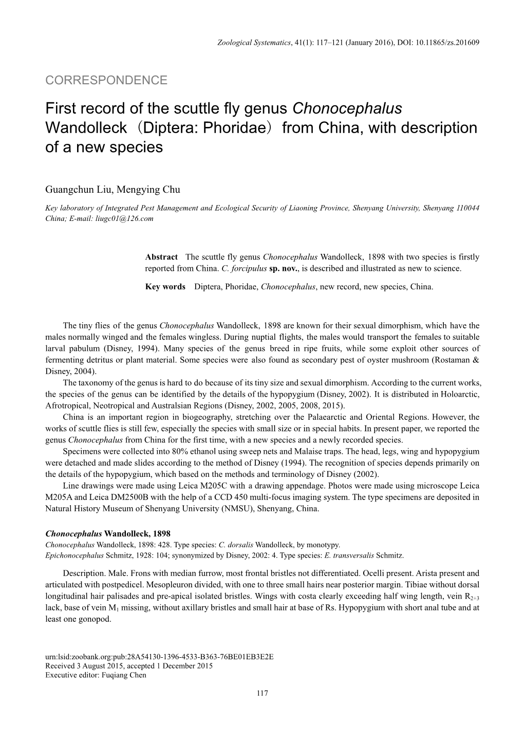 First Record of the Scuttle Fly Genus Chonocephalus Wandolleck (Diptera: Phoridae) from China, with Description of a New Species