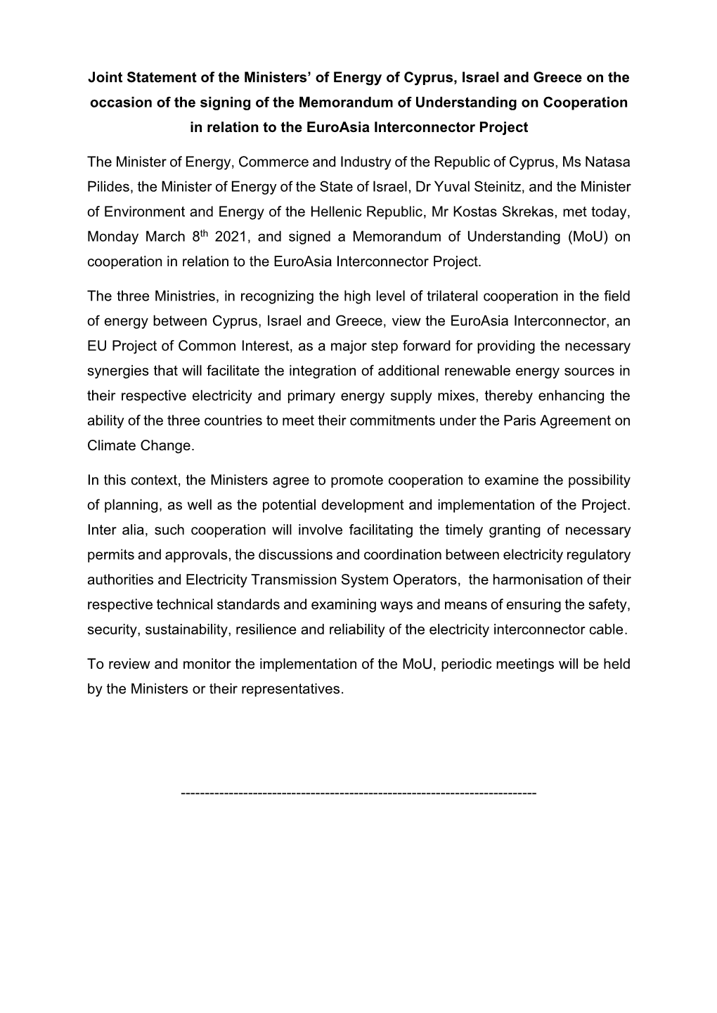 Joint Statement of the Ministers' of Energy of Cyprus, Israel and Greece