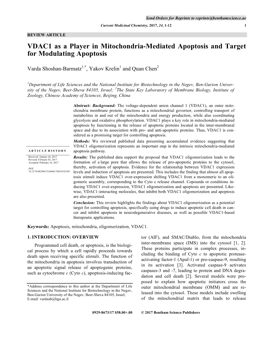 VDAC1 As a Player in Mitochondria-Mediated Apoptosis and Target for Modulating Apoptosis