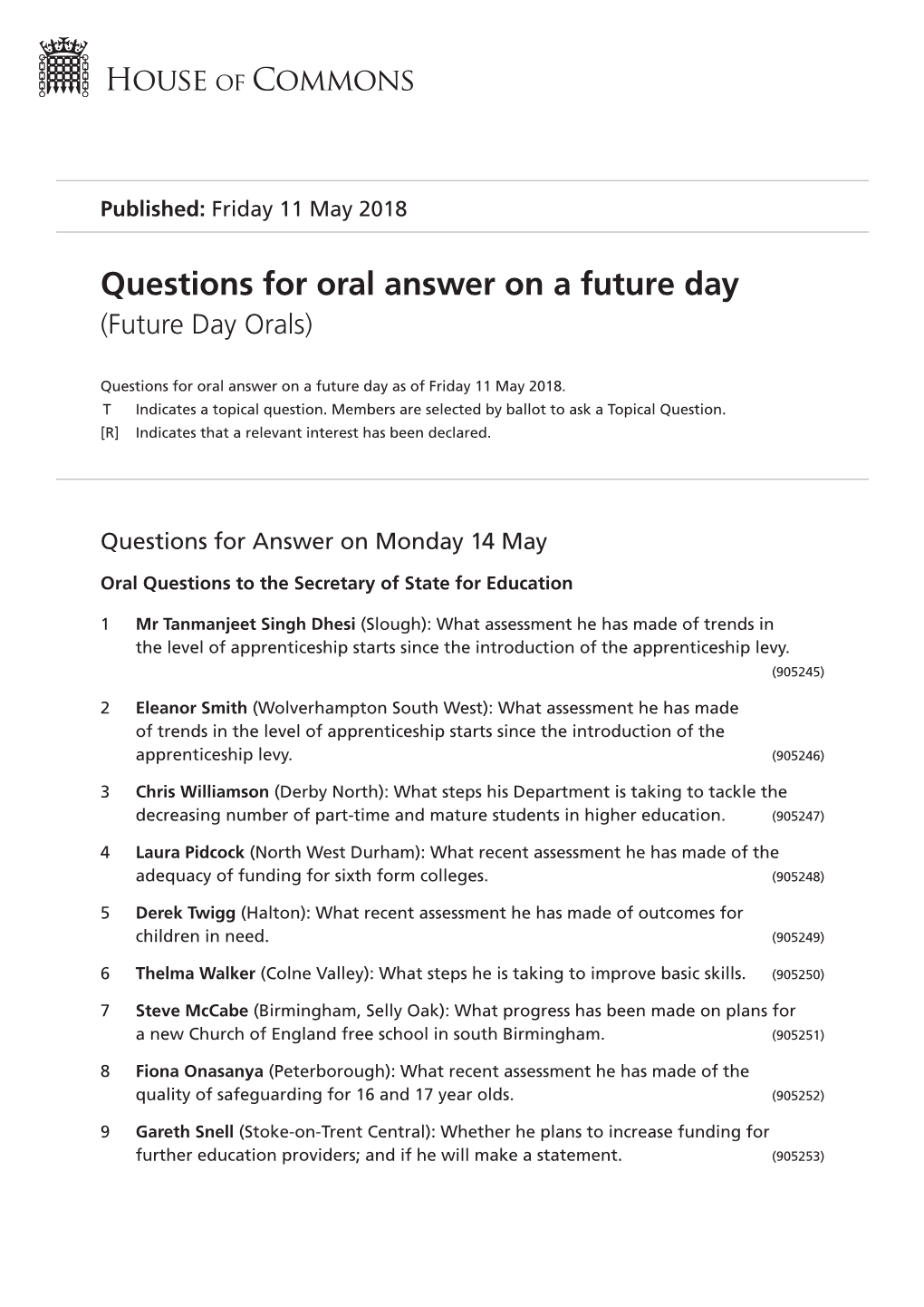 Future Oral Questions As of Fri 11 May 2018