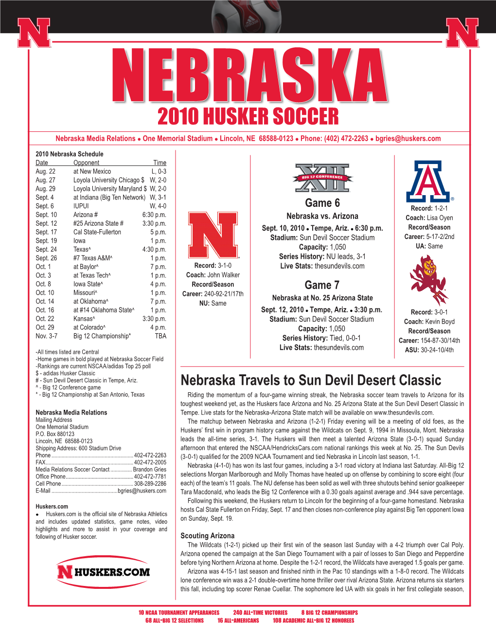 2010 HUSKER SOCCER Nebraska Media Relations L One Memorial Stadium L Lincoln, NE 68588-0123 L Phone: (402) 472-2263 L Bgries@Huskers.Com