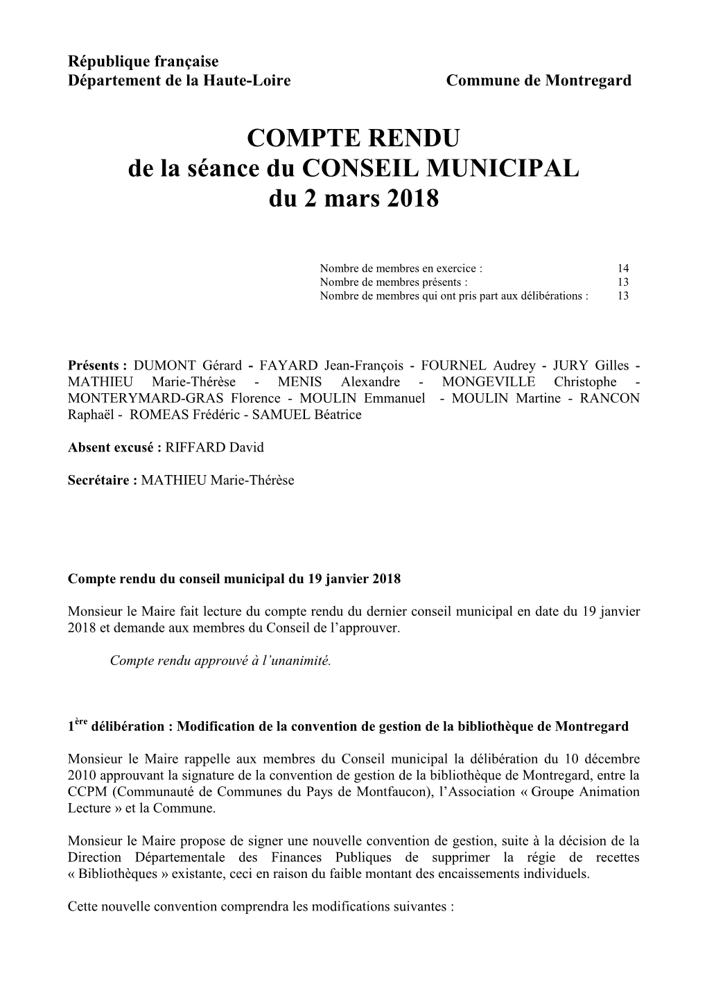 Conseil Municipal De Montregard Du 2 Mars 2018