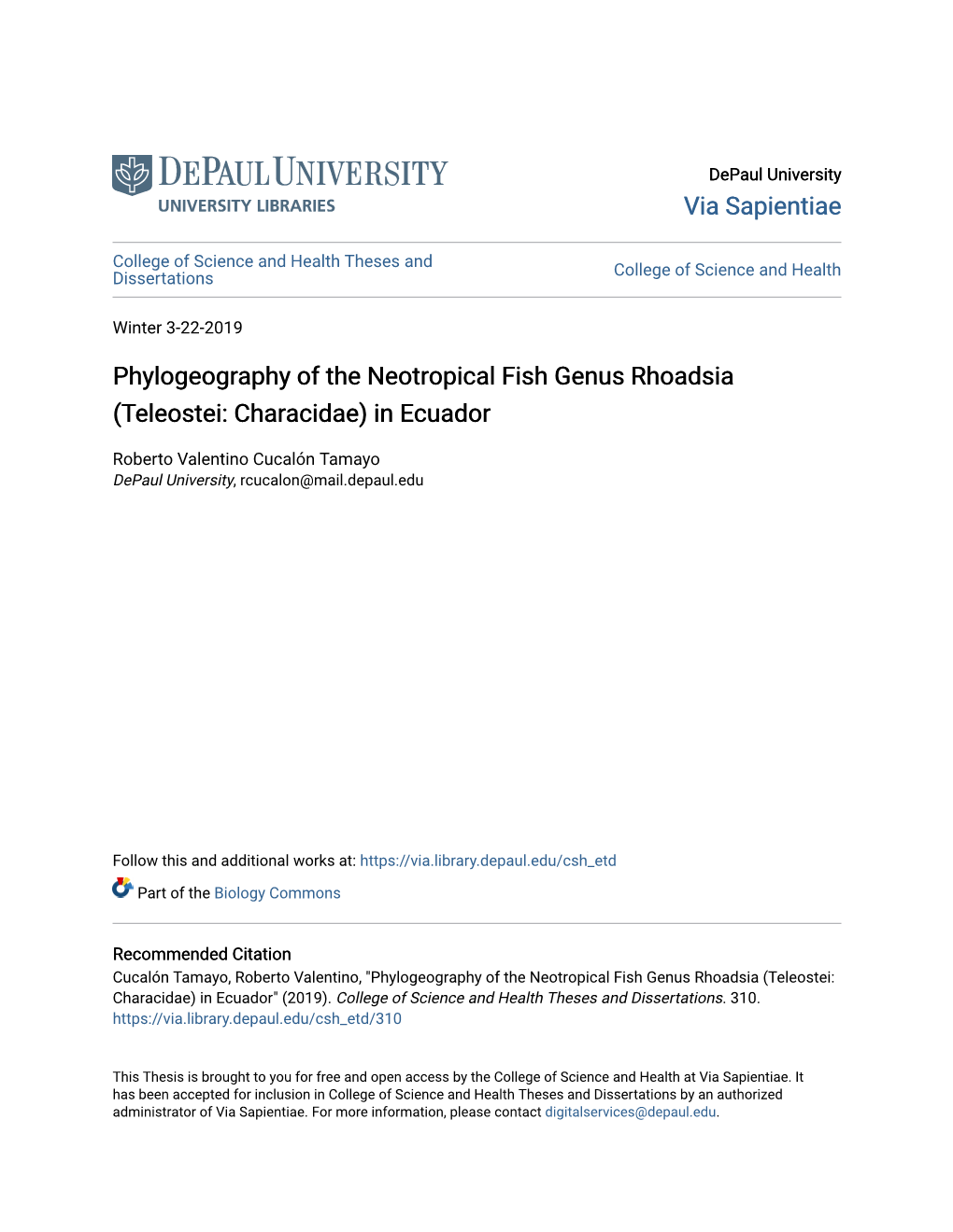 Phylogeography of the Neotropical Fish Genus Rhoadsia (Teleostei: Characidae) in Ecuador