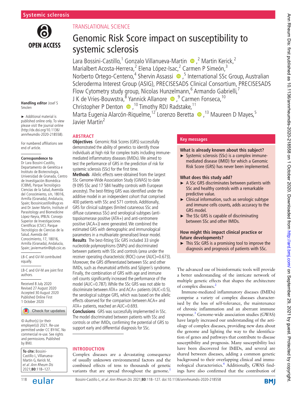 Genomic Risk Score Impact on Susceptibility to Systemic Sclerosis