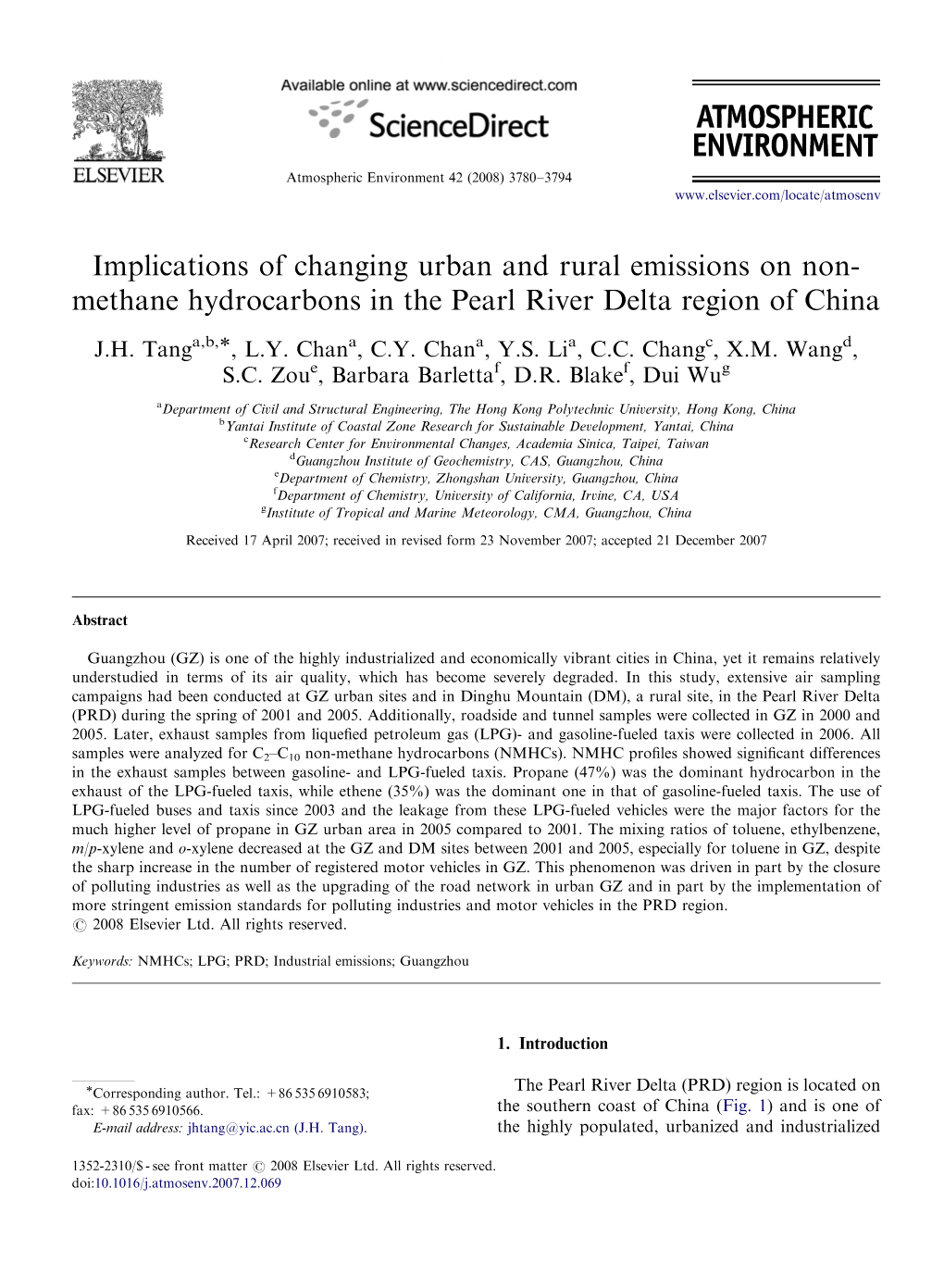 Methane Hydrocarbons in the Pearl River Delta Region of China