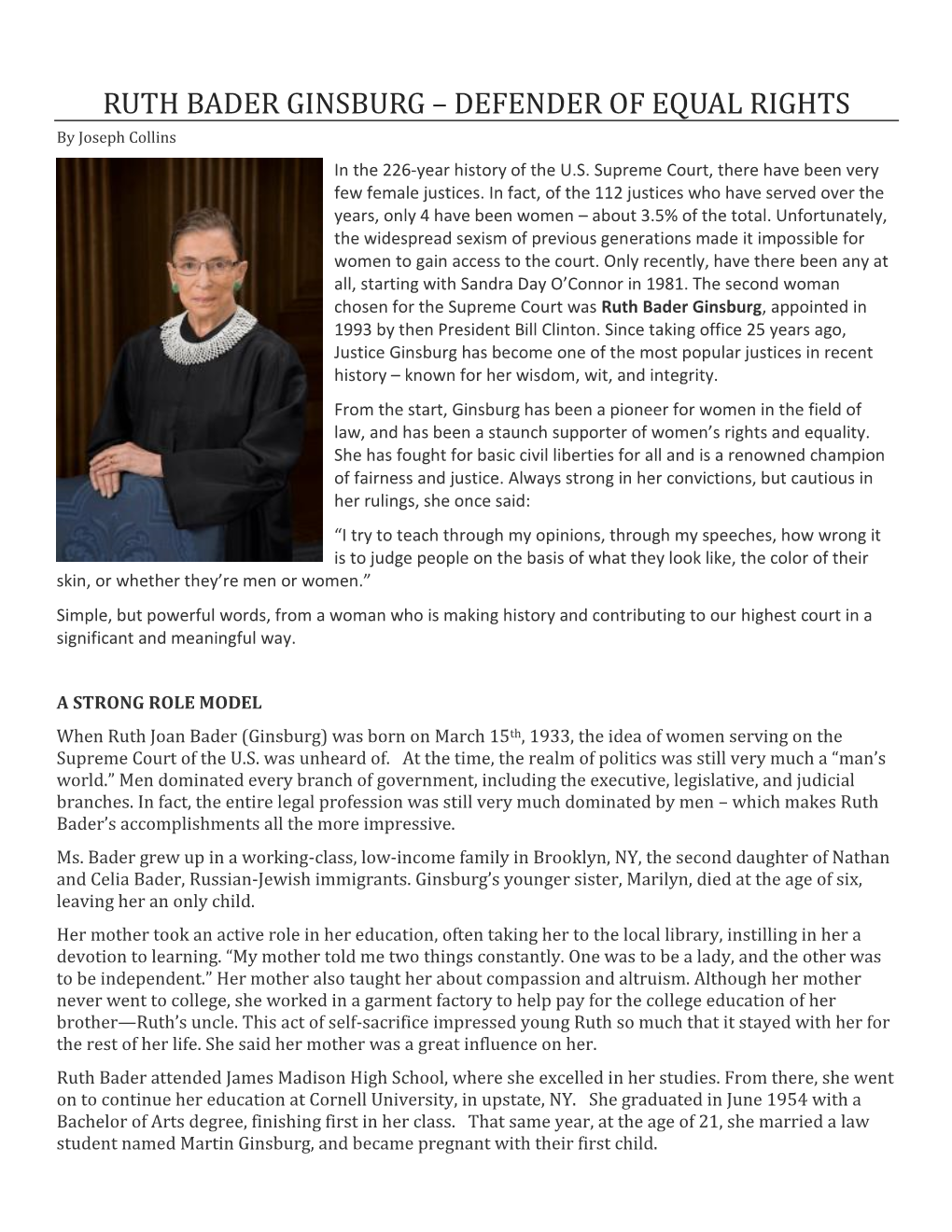 RUTH BADER GINSBURG – DEFENDER of EQUAL RIGHTS by Joseph Collins in the 226-Year History of the U.S