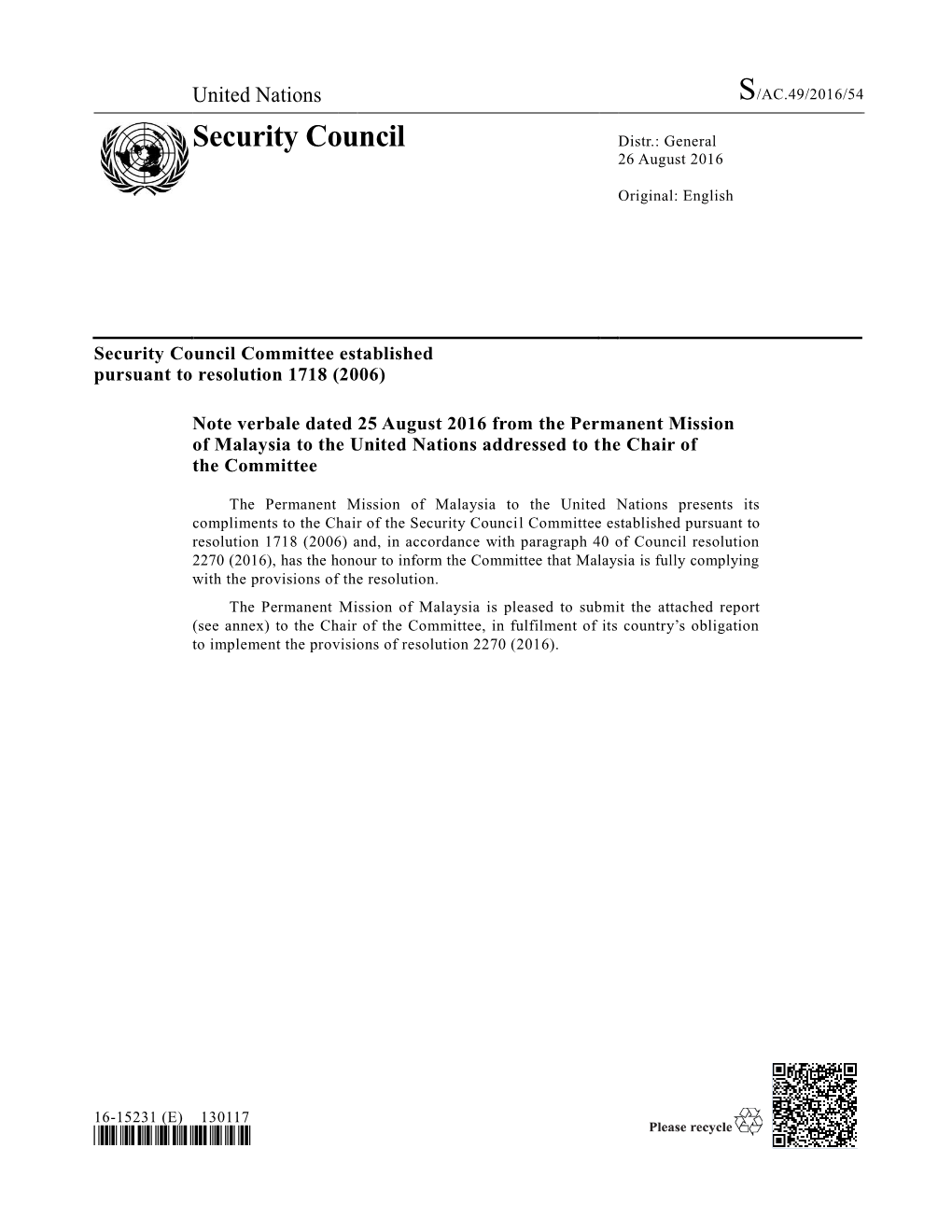 Security Council Distr.: General 26 August 2016