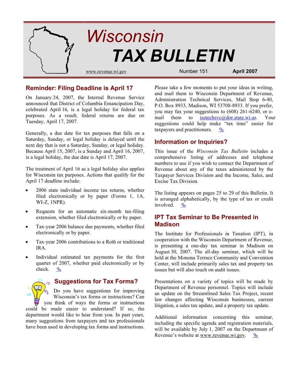 Wisconsin TAX BULLETIN Number 151 April 2007