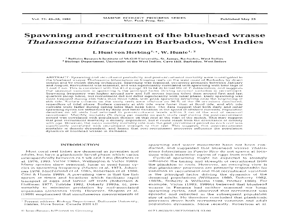 Spawning and Recruitment of the Bluehead Wrasse Thalassoma Bifasciatum in Barbados, West Indies