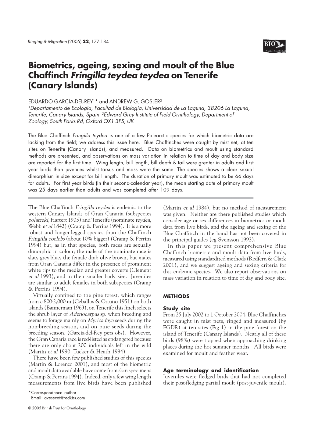 Biometrics, Ageing, Sexing and Moult of the Blue Chaffinch Fringilla Teydea Teydea on Tenerife (Canary Islands)