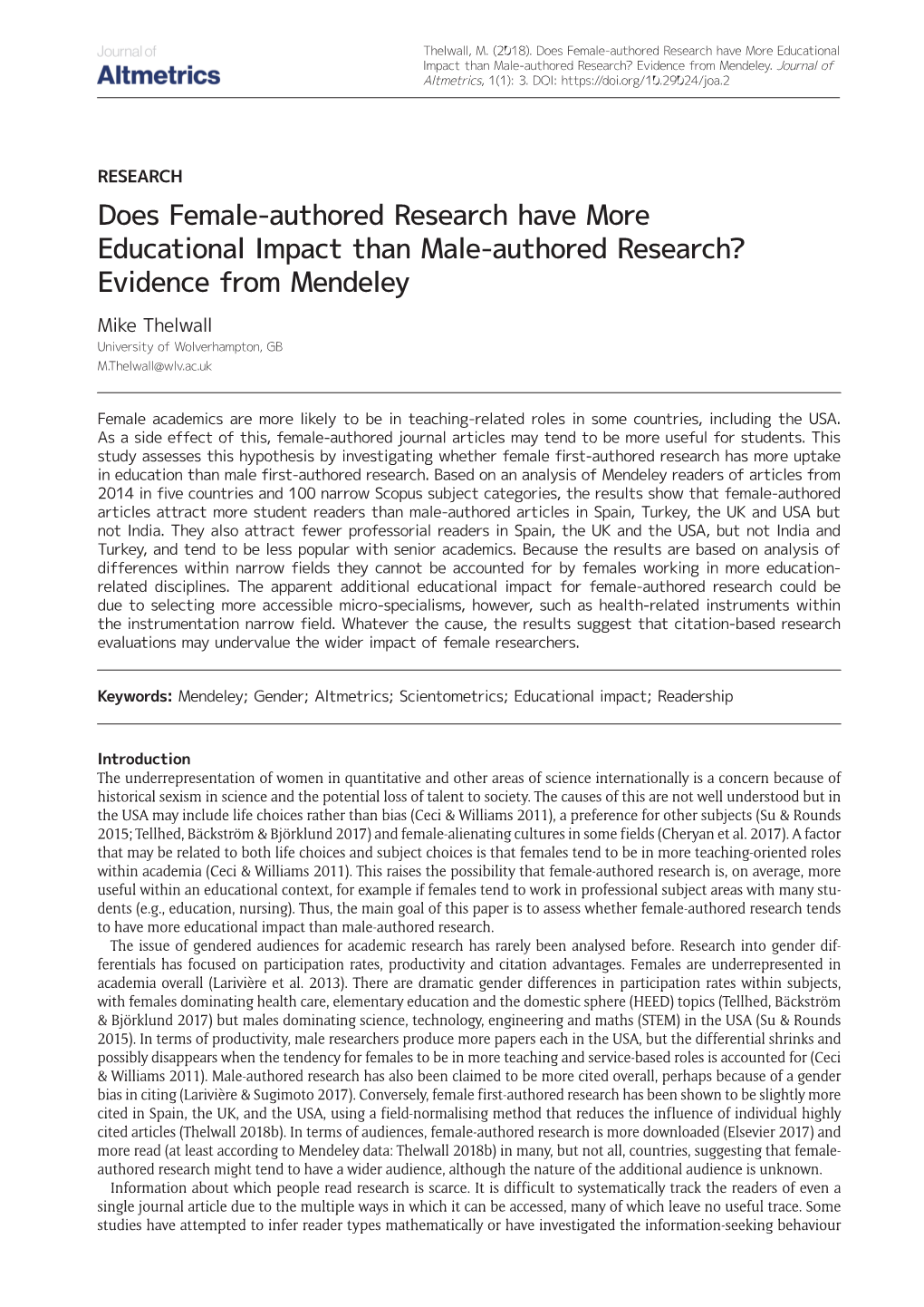 Does Female-Authored Research Have More Educational Impact Than Male-Authored Research? Evidence from Mendeley