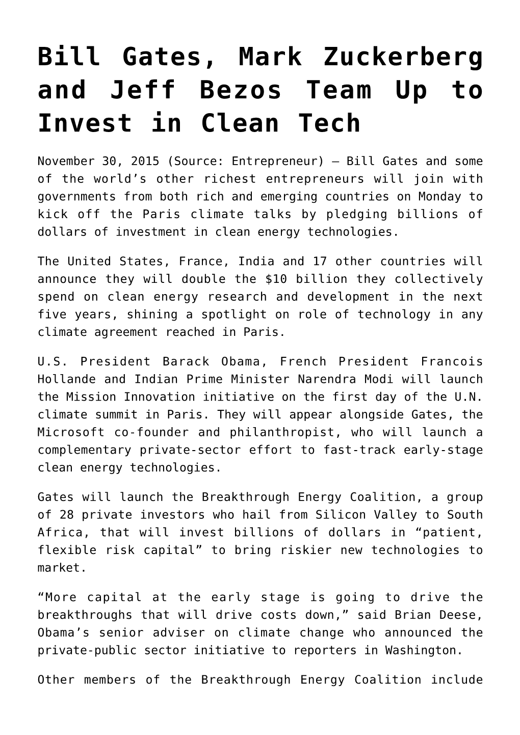 Bill Gates, Mark Zuckerberg and Jeff Bezos Team up to Invest in Clean Tech