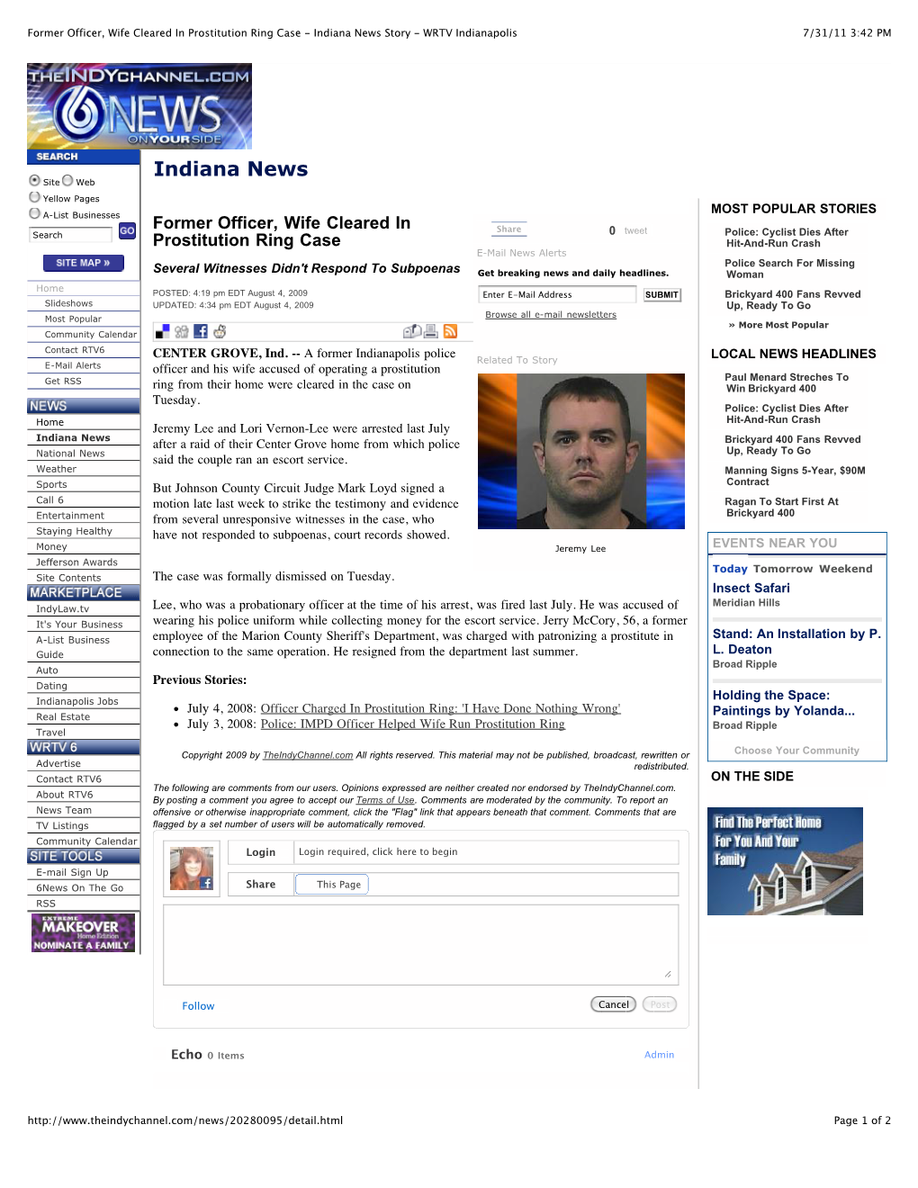 Former Officer, Wife Cleared in Prostitution Ring Case - Indiana News Story - WRTV Indianapolis 7/31/11 3:42 PM