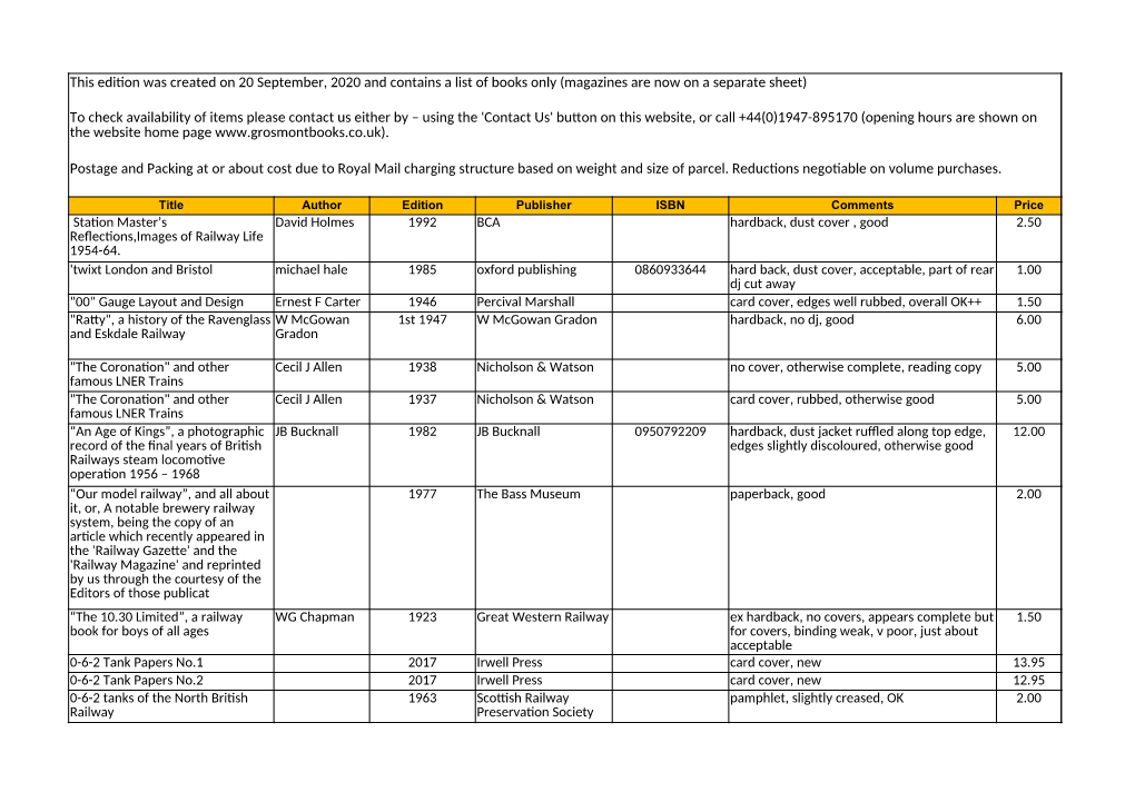 This Edition Was Created on 20 September, 2020 and Contains a List of Books Only (Magazines Are Now on a Separate Sheet) Postage