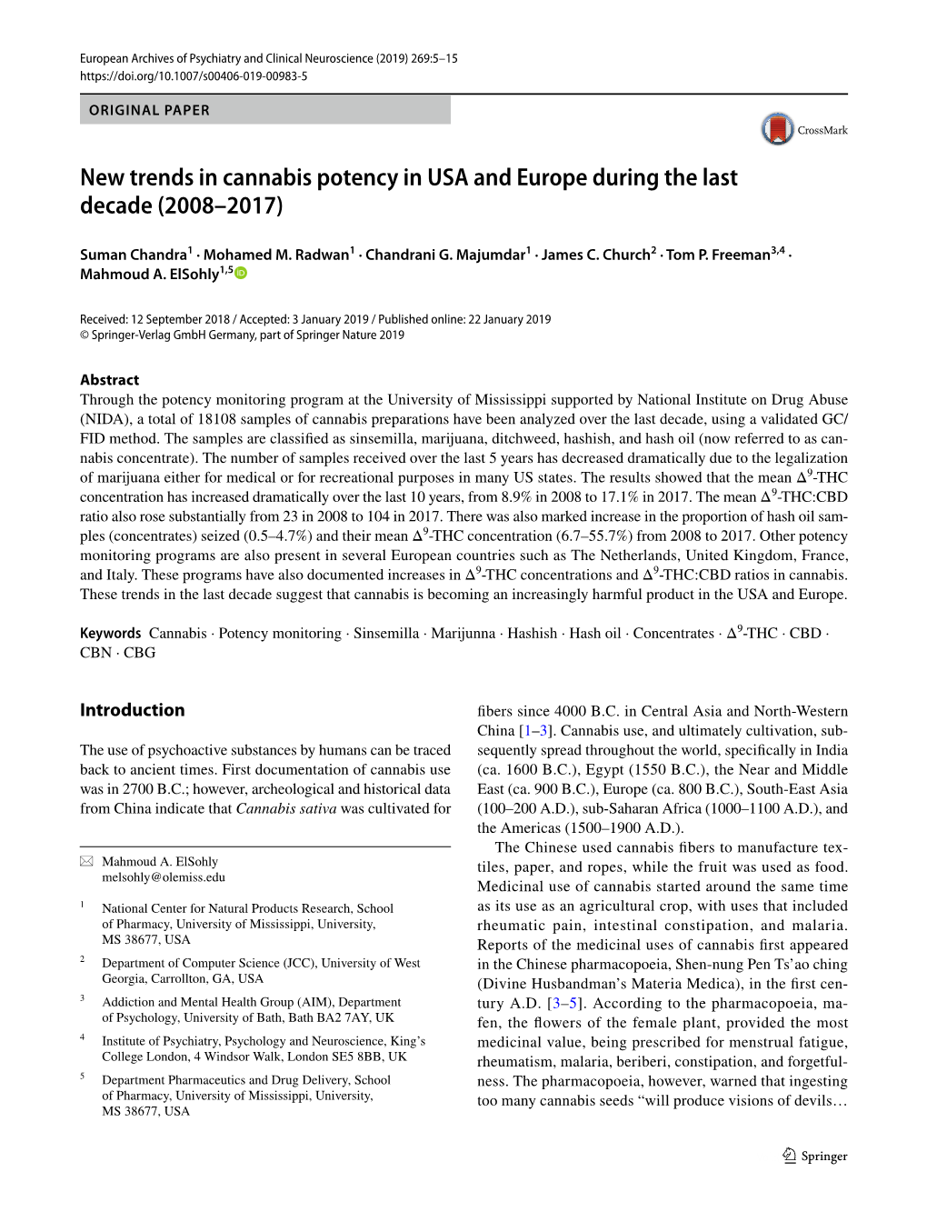 New Trends in Cannabis Potency in USA and Europe During the Last Decade (2008–2017)