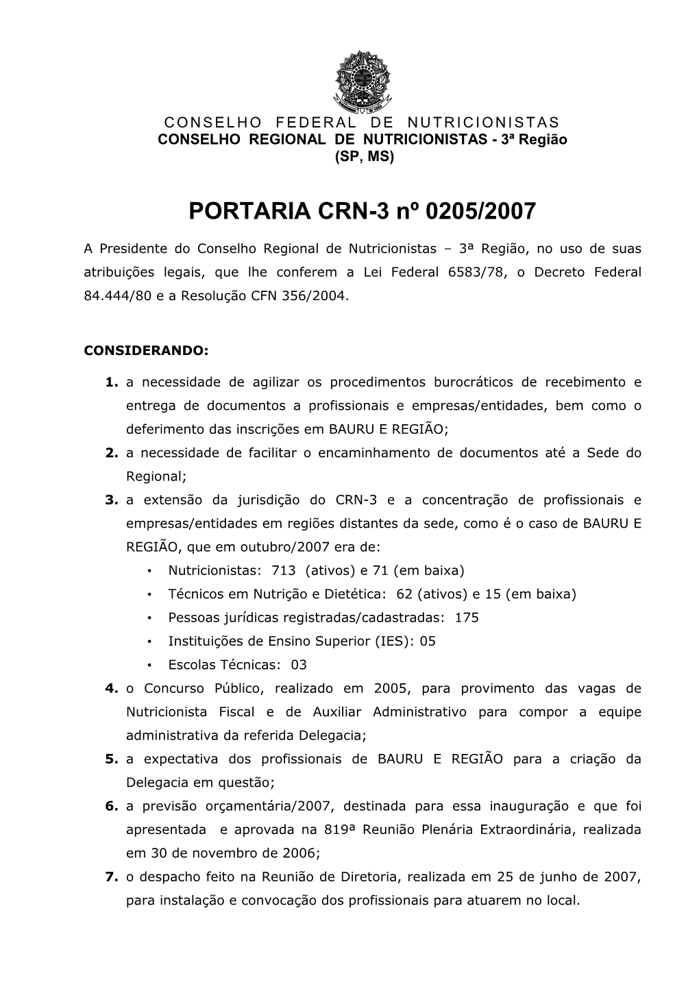 PORTARIA CRN-3 Nº 0205/2007