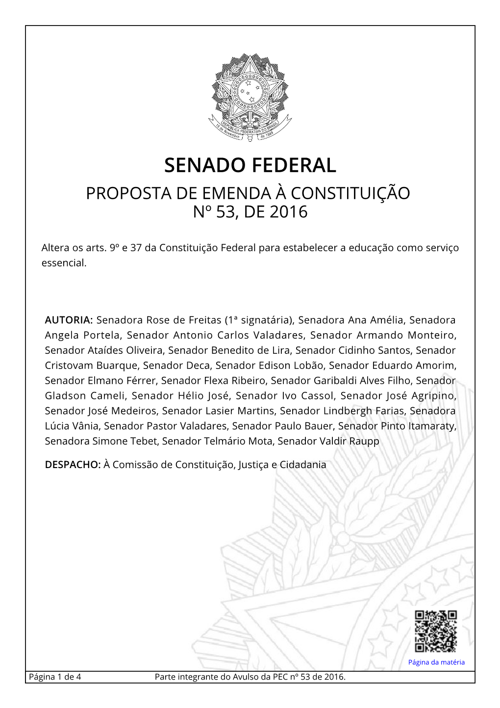 Senado Federal Proposta De Emenda À Constituição Nº 53, De 2016