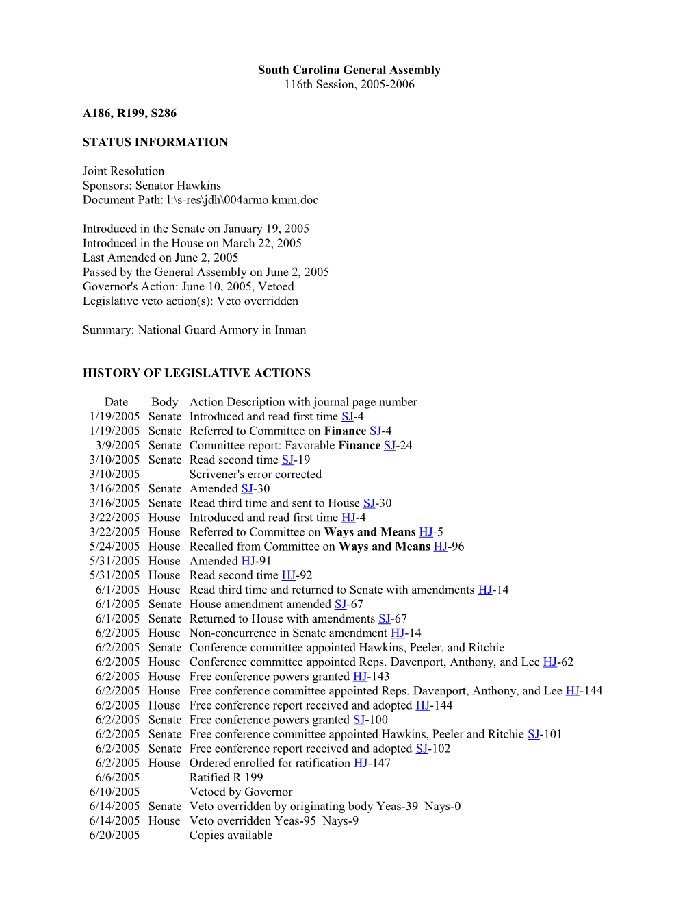 2005-2006 Bill 286: National Guard Armory in Inman - South Carolina Legislature Online