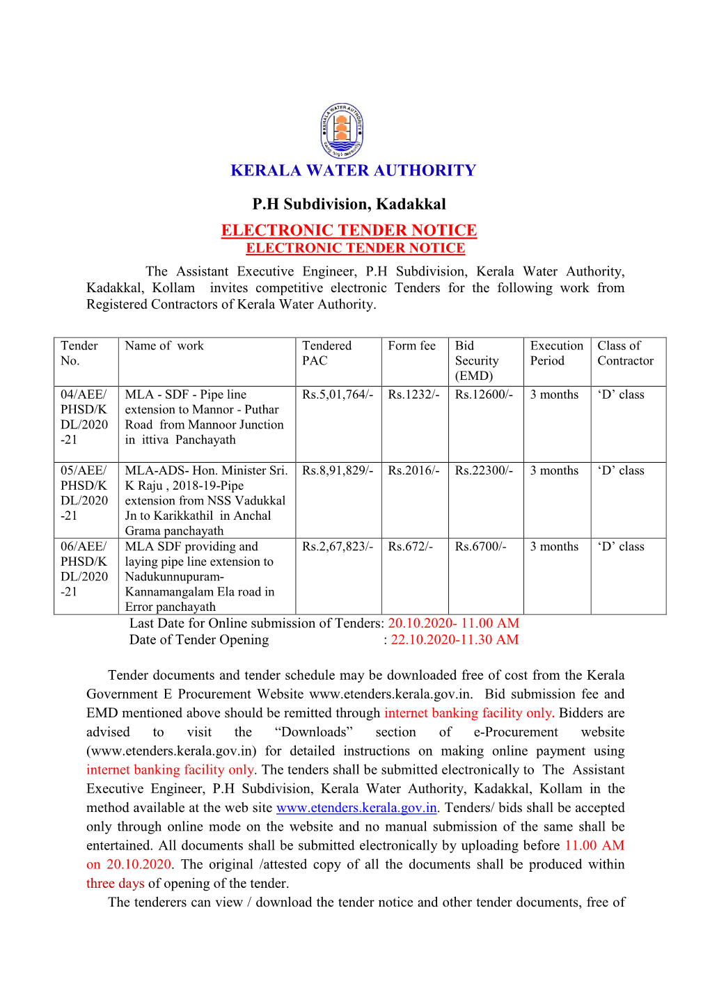 KERALA WATER AUTHORITY P.H Subdivision, Kadakkal