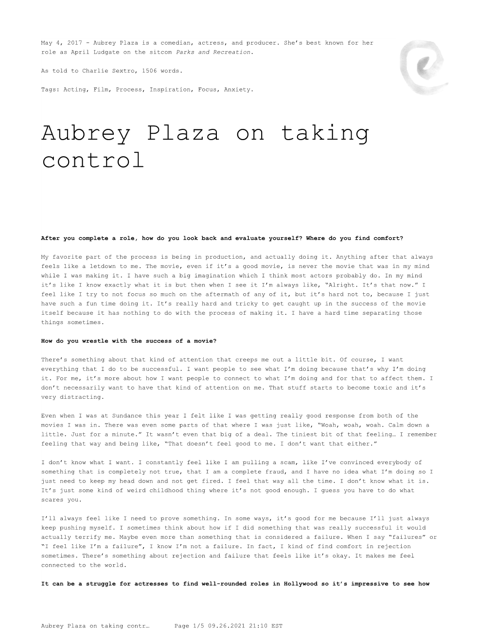 Aubrey Plaza on Taking Control