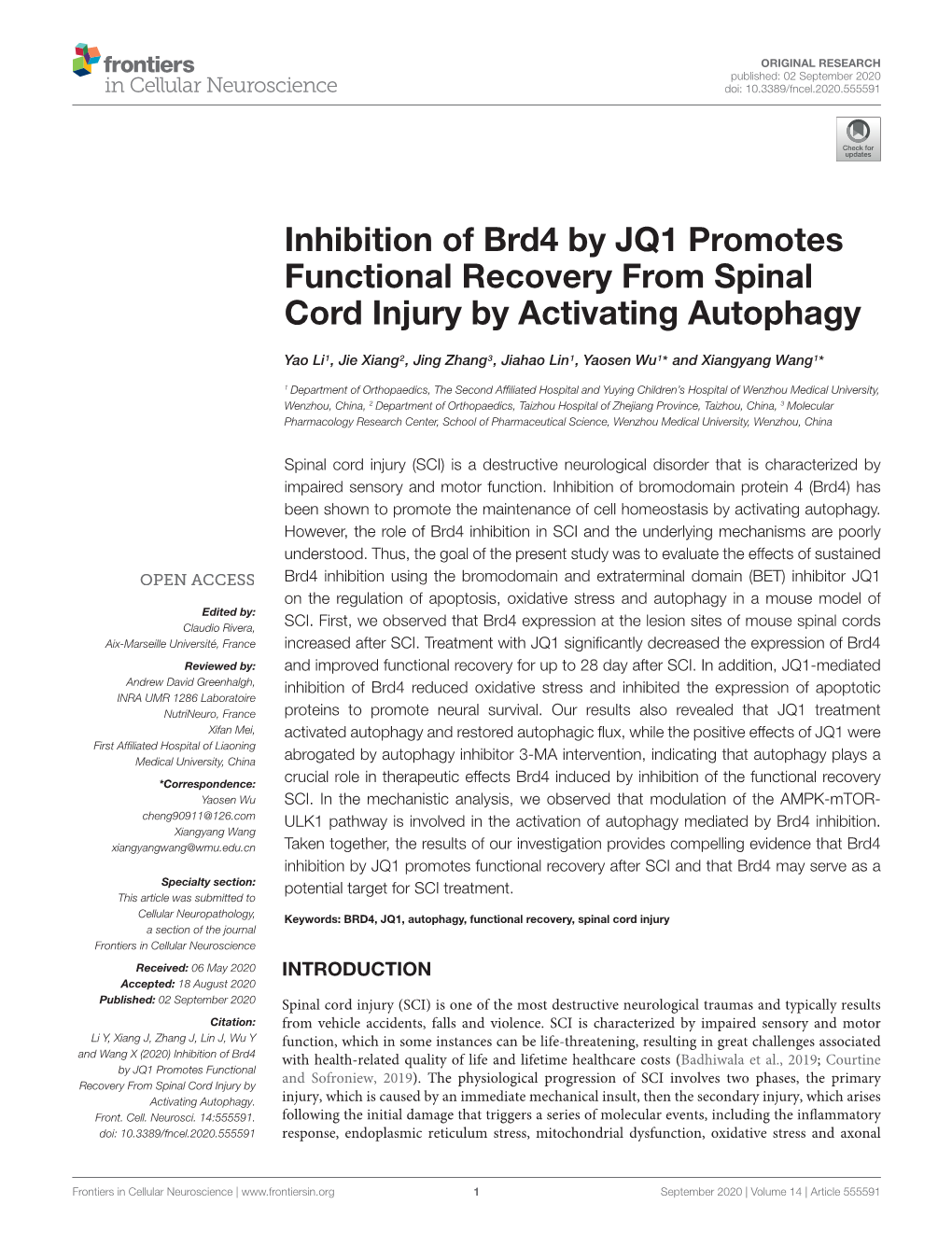 Inhibition of Brd4 by JQ1 Promotes Functional Recovery from Spinal Cord Injury by Activating Autophagy