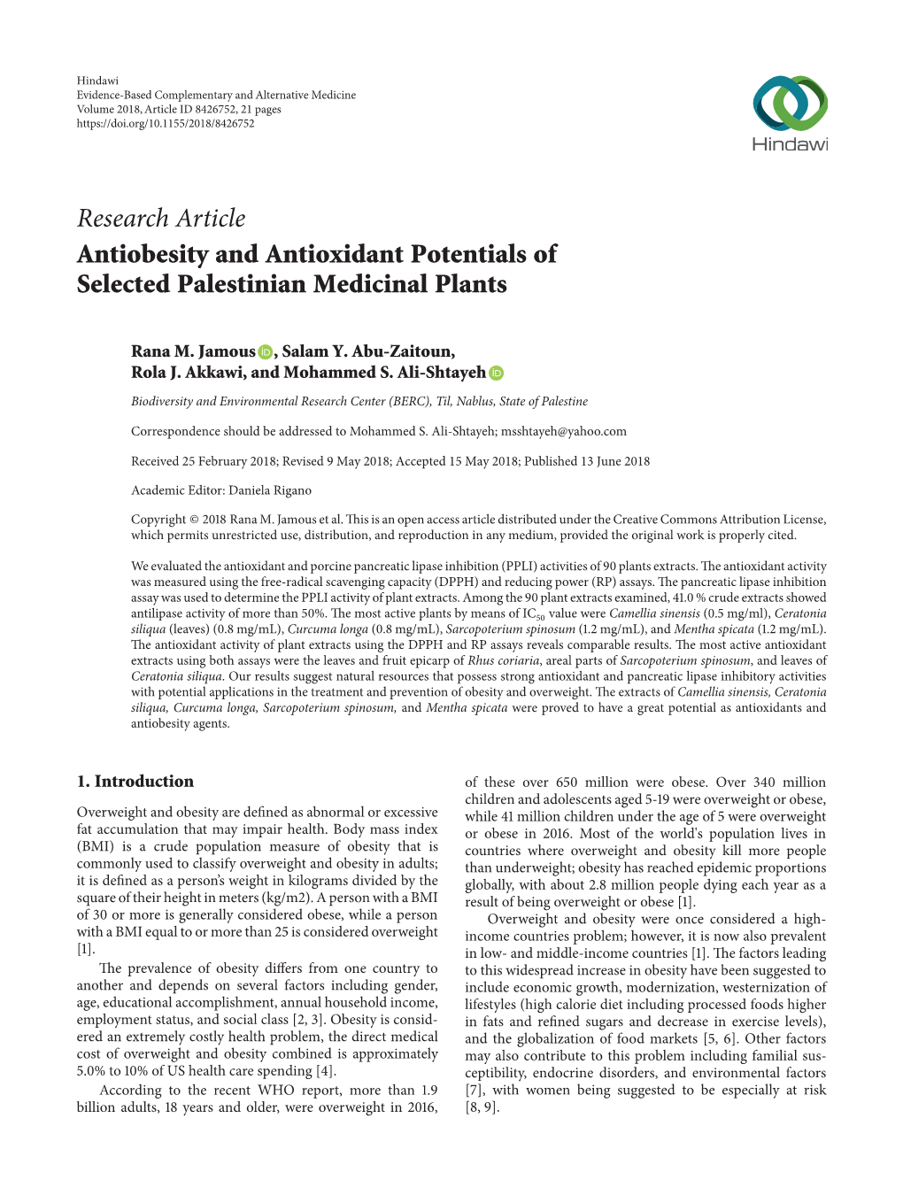 Research Article Antiobesity and Antioxidant Potentials of Selected Palestinian Medicinal Plants