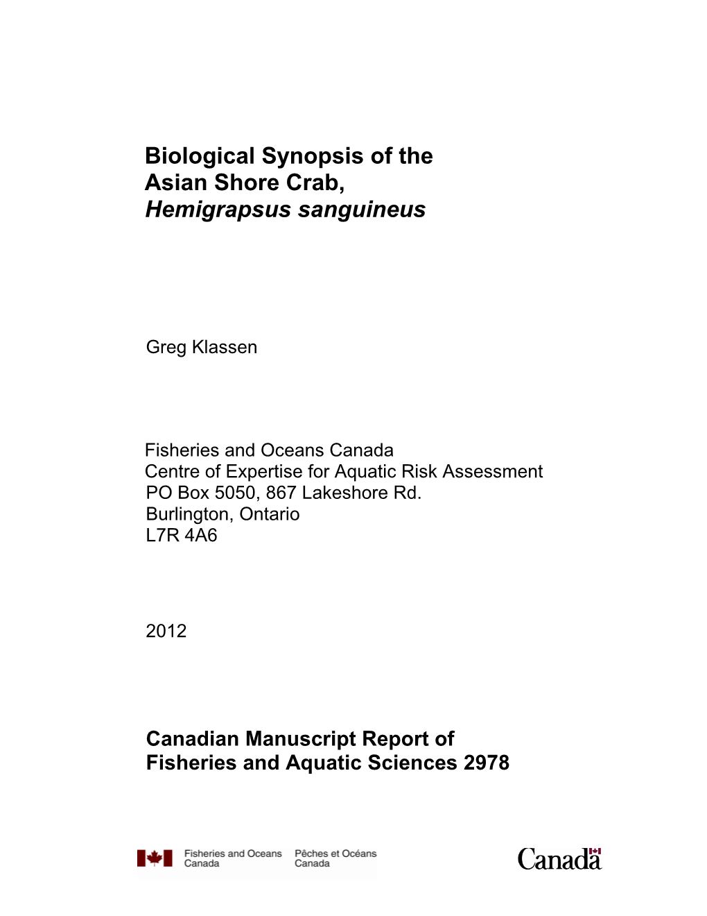 Biological Synopsis of the Asian Shore Crab, Hemigrapsus Sanguineus