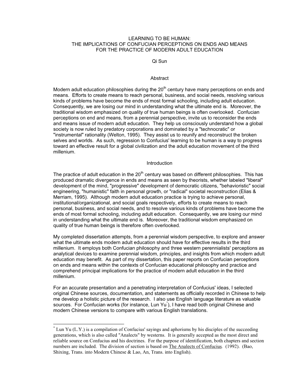 Learning to Be Human: the Implications of Confucian Perceptions on Ends and Means for the Practice of Modern Adult Education