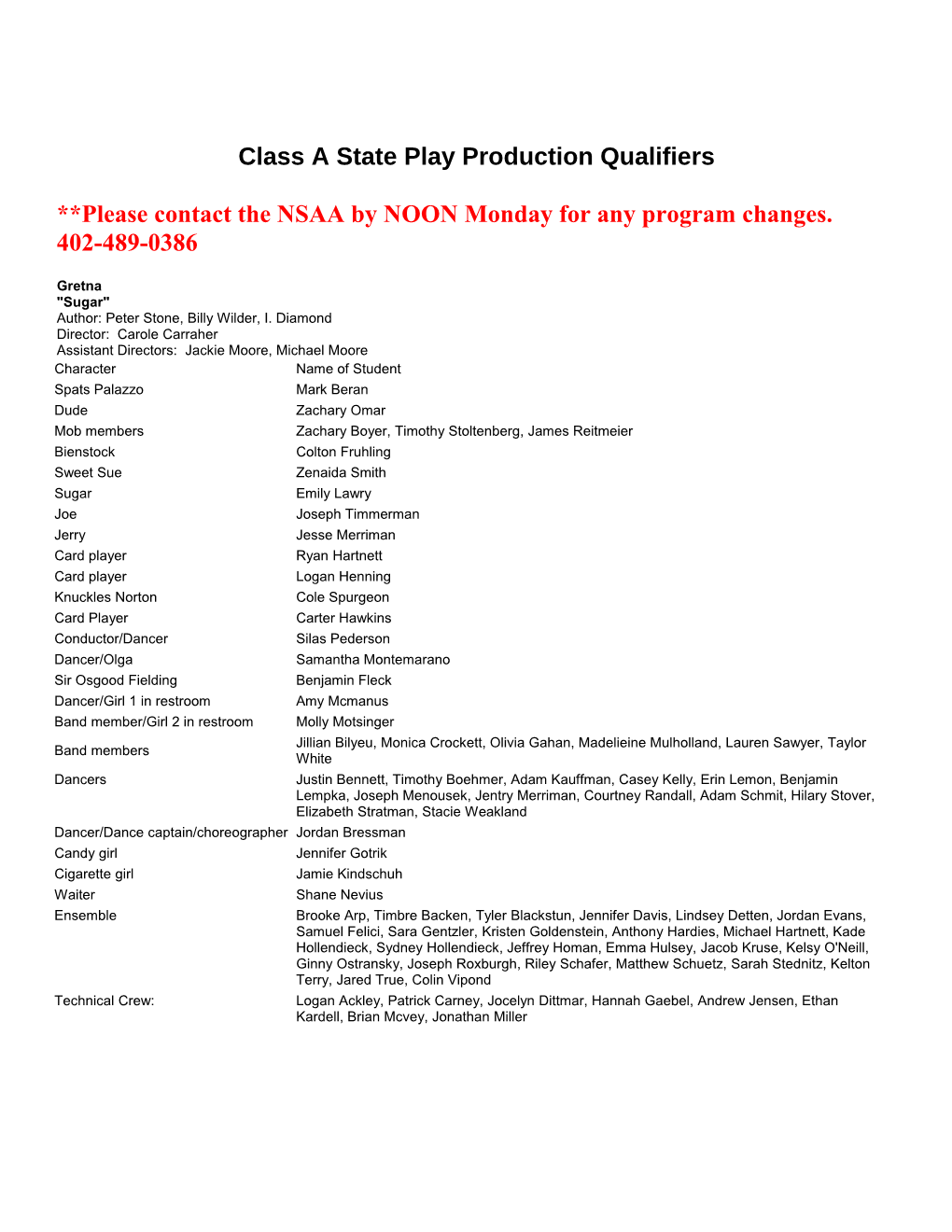 Class a State Play Production Qualifiers