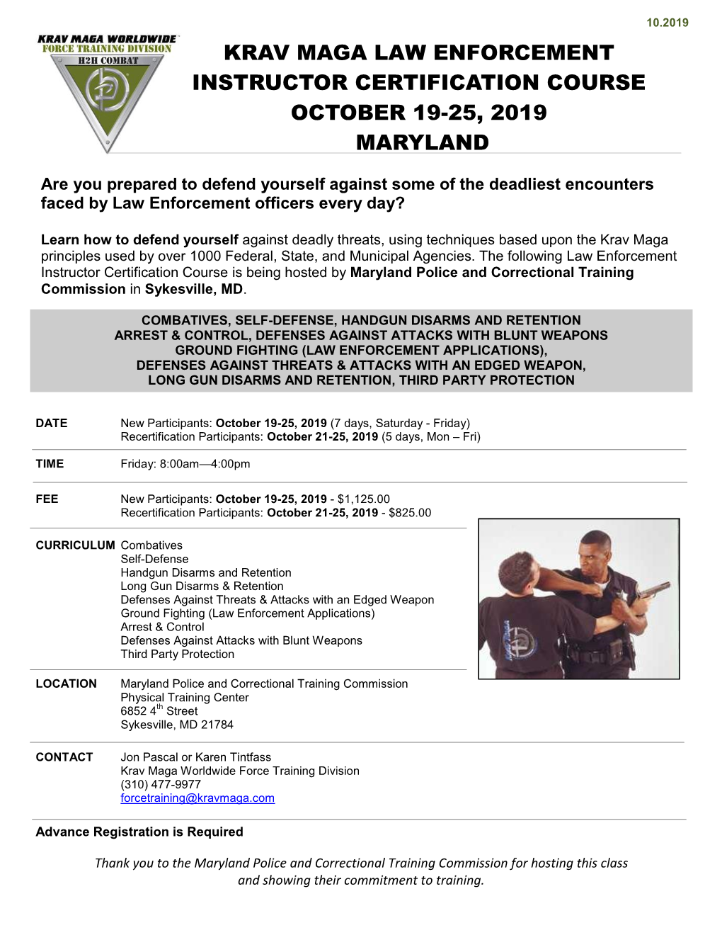 Krav Maga Law Enforcement Instructor Certification Course October 19-25, 2019 Maryland