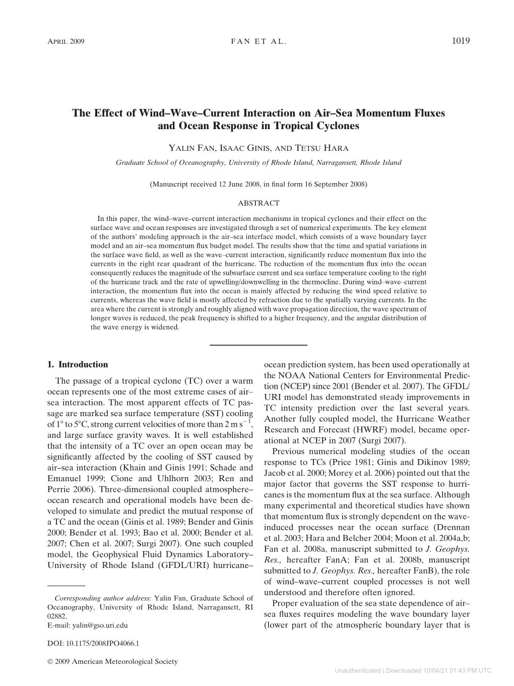 Downloaded 10/04/21 01:43 PM UTC 1020 JOURNAL of PHYSICAL OCEANOGRAPHY VOLUME 39 Affected by Surface Waves) and the Equilibrium Range of Wave Spectra