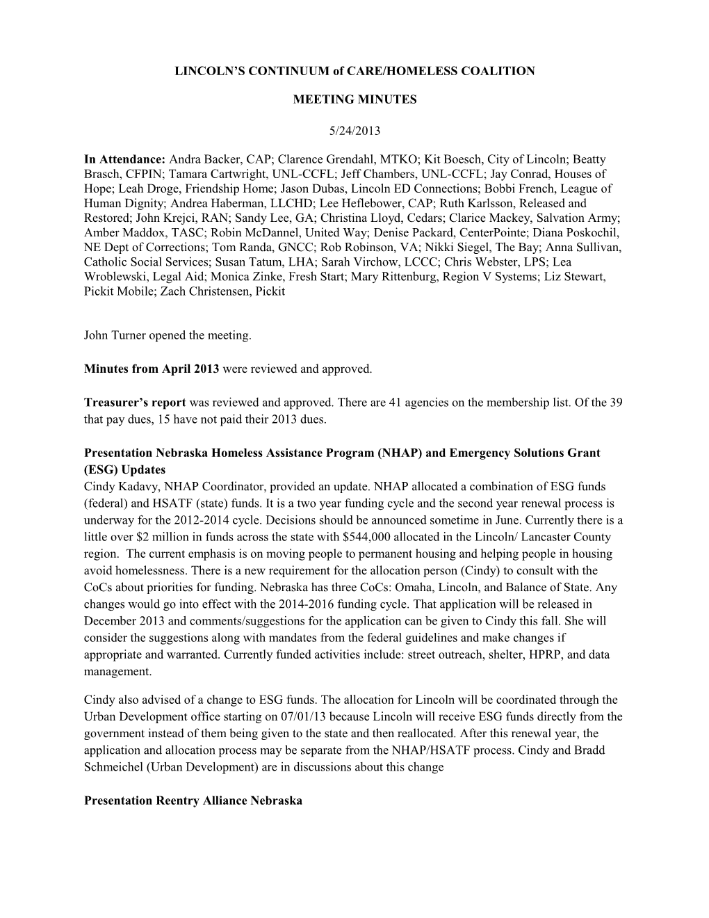 LINCOLN S CONTINUUM of CARE/HOMELESS COALITION