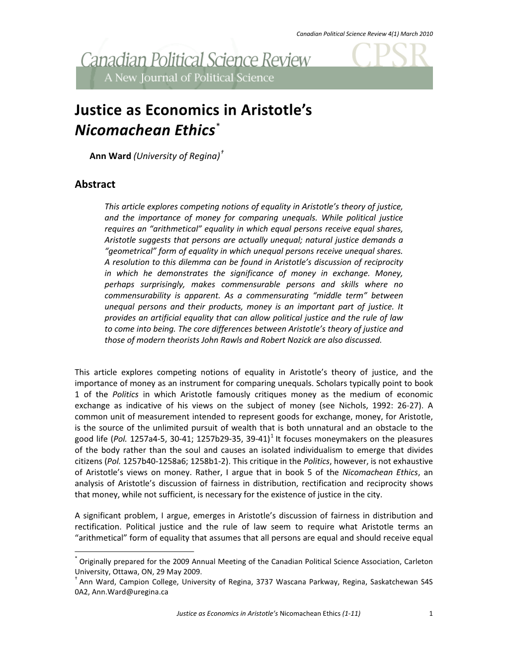 Justice As Economics in Aristotle's Nicomachean Ethics*