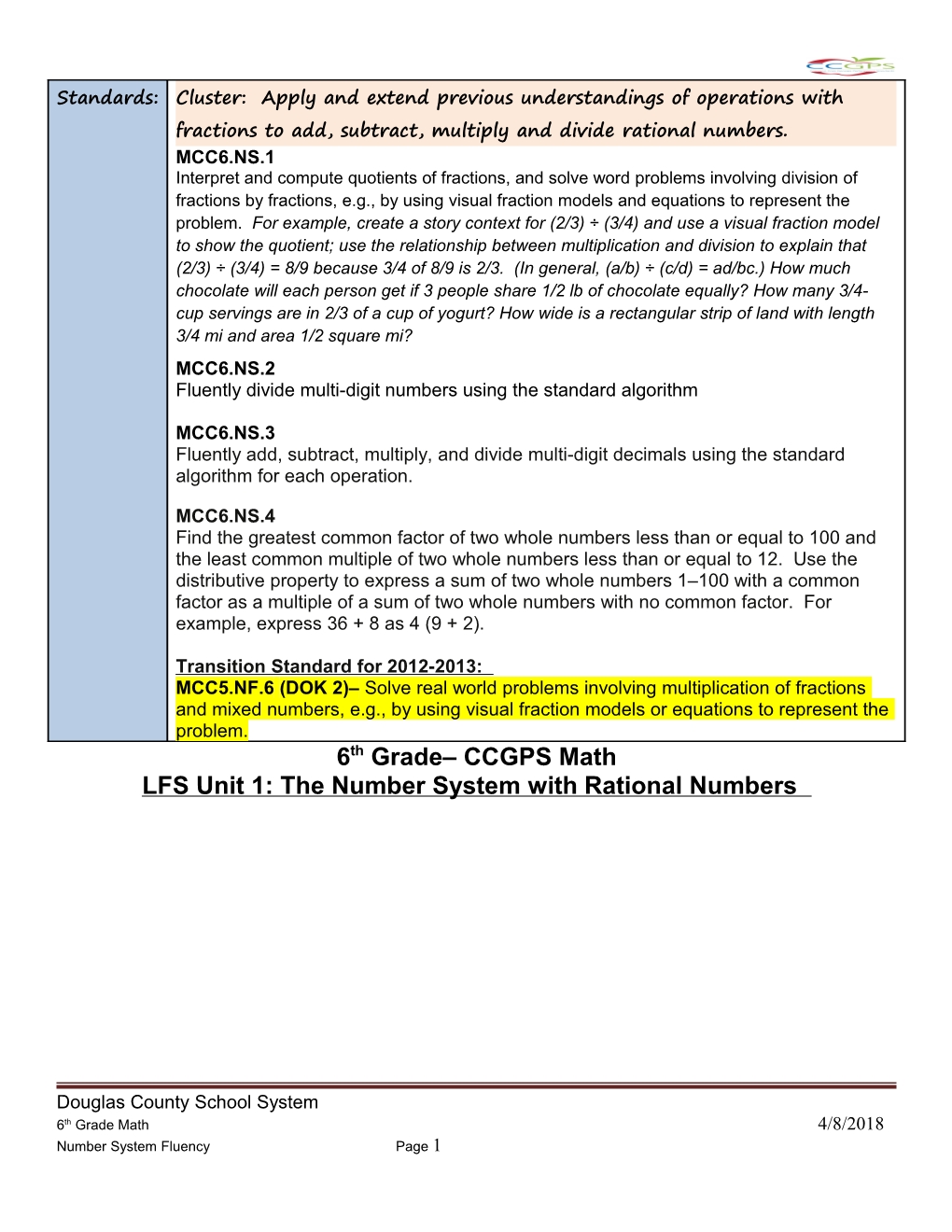 LFS Unit 1: the Number System with Rational Numbers